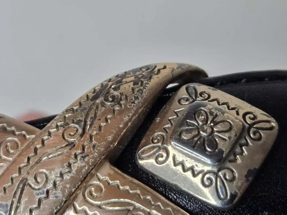 Brighton Black Leather Western Belt - Silver Hardware & Criss-Cross Etched Links